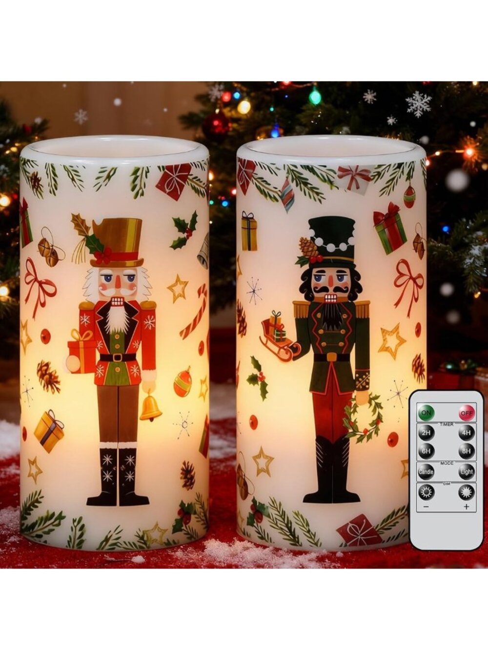 Flameless Nutcracker Pillar Candles with Remote Timer | 2 Pack, Battery Operated